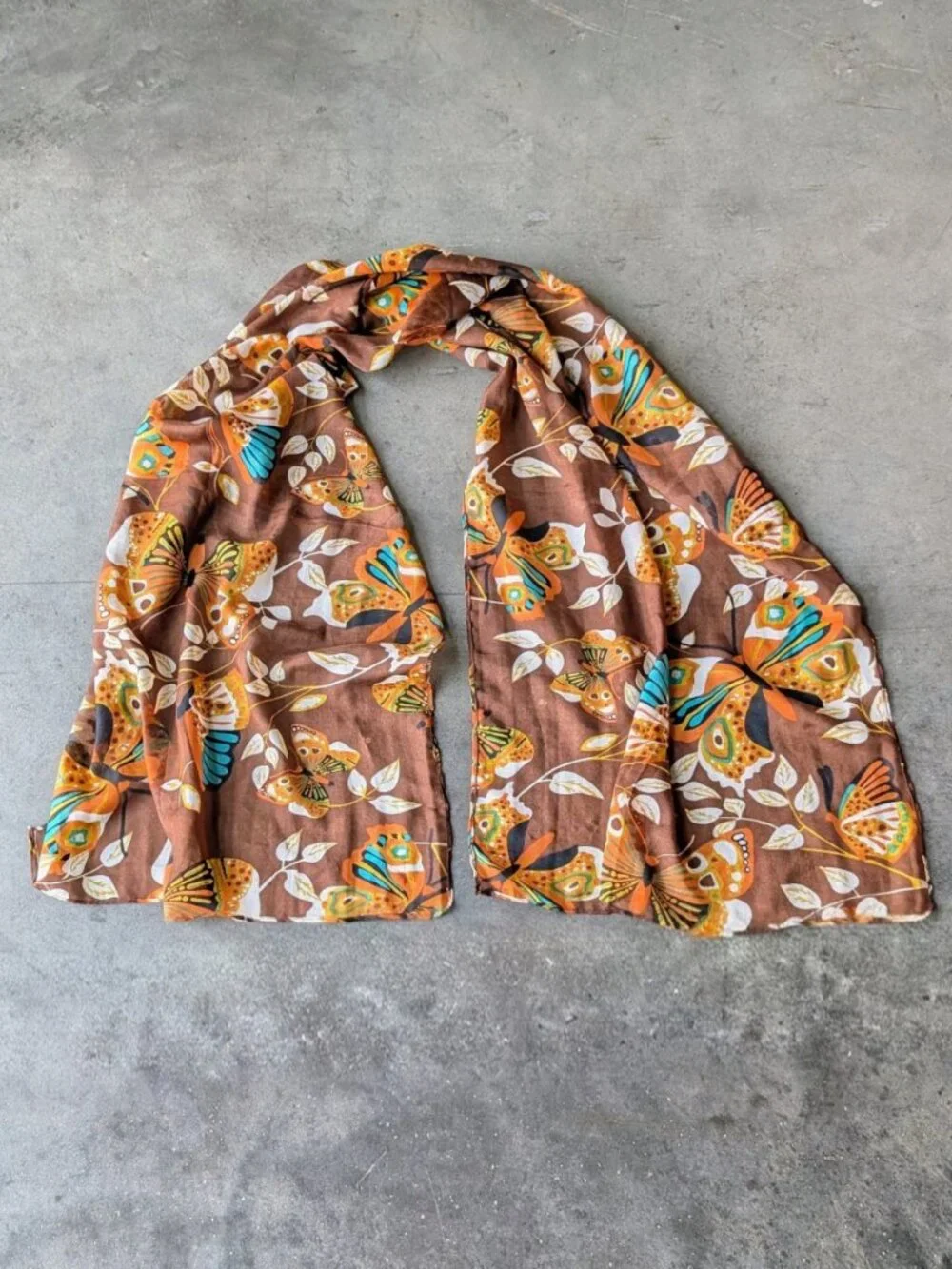 Retro 70s Brown Orange Butterfly Pattern Long Scarf